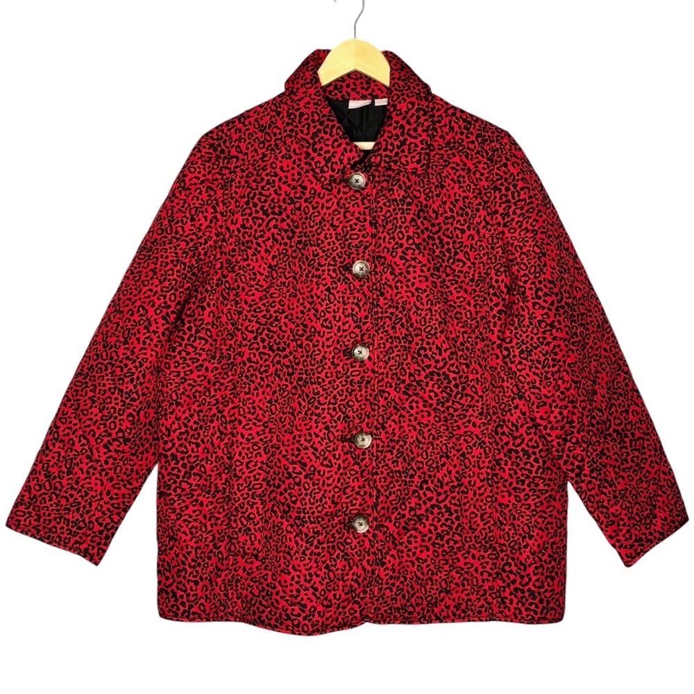 Chicos jacket red quilted leopard print button closure lightweight size 20-22
